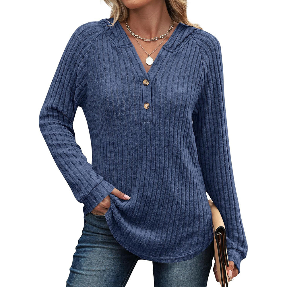Solid Color And V-neck Button Loose Hooded Fleece Knitted Top