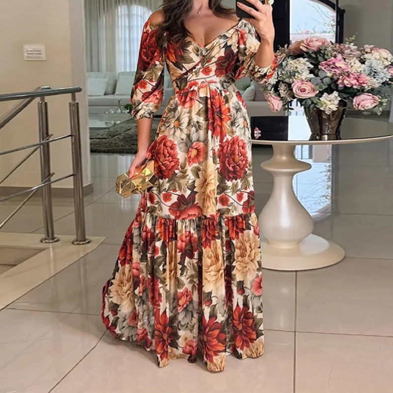 Elegant And Fashionable Womens Printed 34-sleeve V-neck Dress