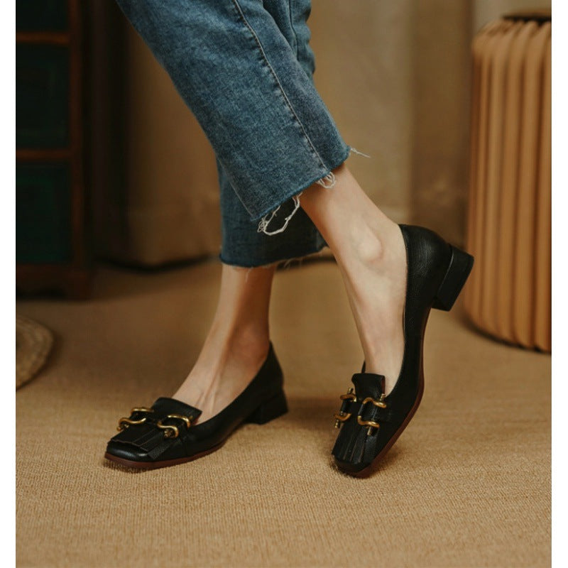 Women's Low Heel Square Toe Fringed Pumps
