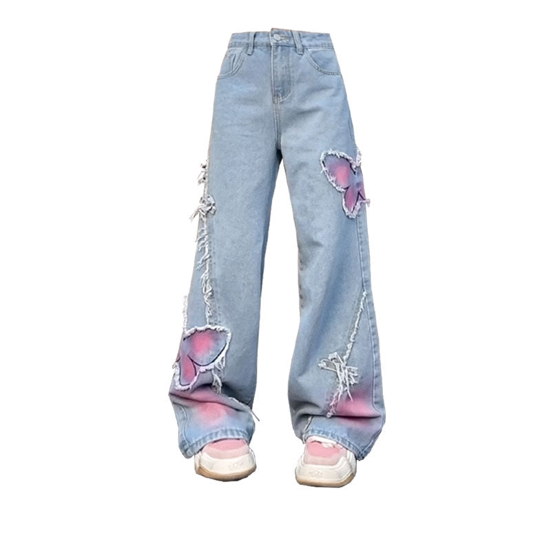 Vintage sommerfugl klistret stofbroderi jeans lige ben vidde bukser