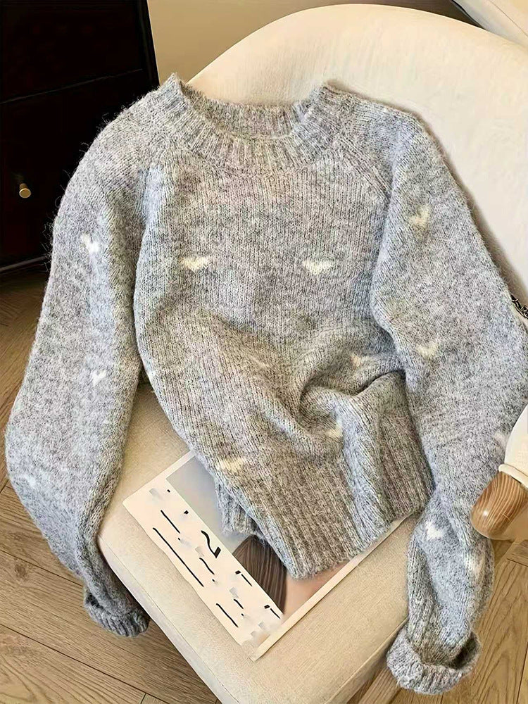 Women's Comfortable Sweater With Heart Pattern Long-Sleeved Crew-Neck Pullover