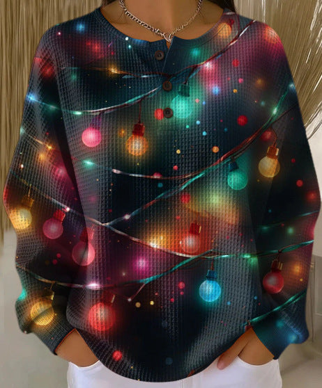 Retro 3D Digital-Print Three-Button Stand-Up Collar Sweater