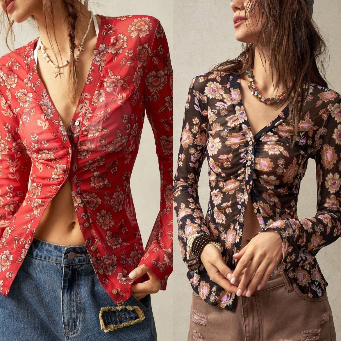 European And American Printed Shirt Women's Slim Fit Slimming Retro Temperament
