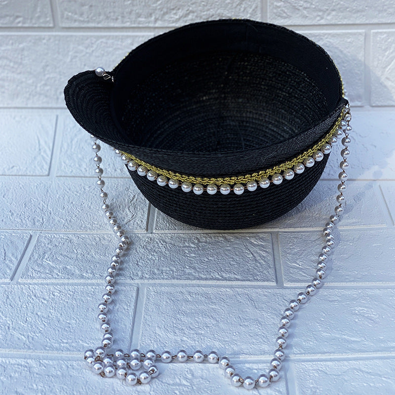 Handmade Pearl Chain Black Straw Hat