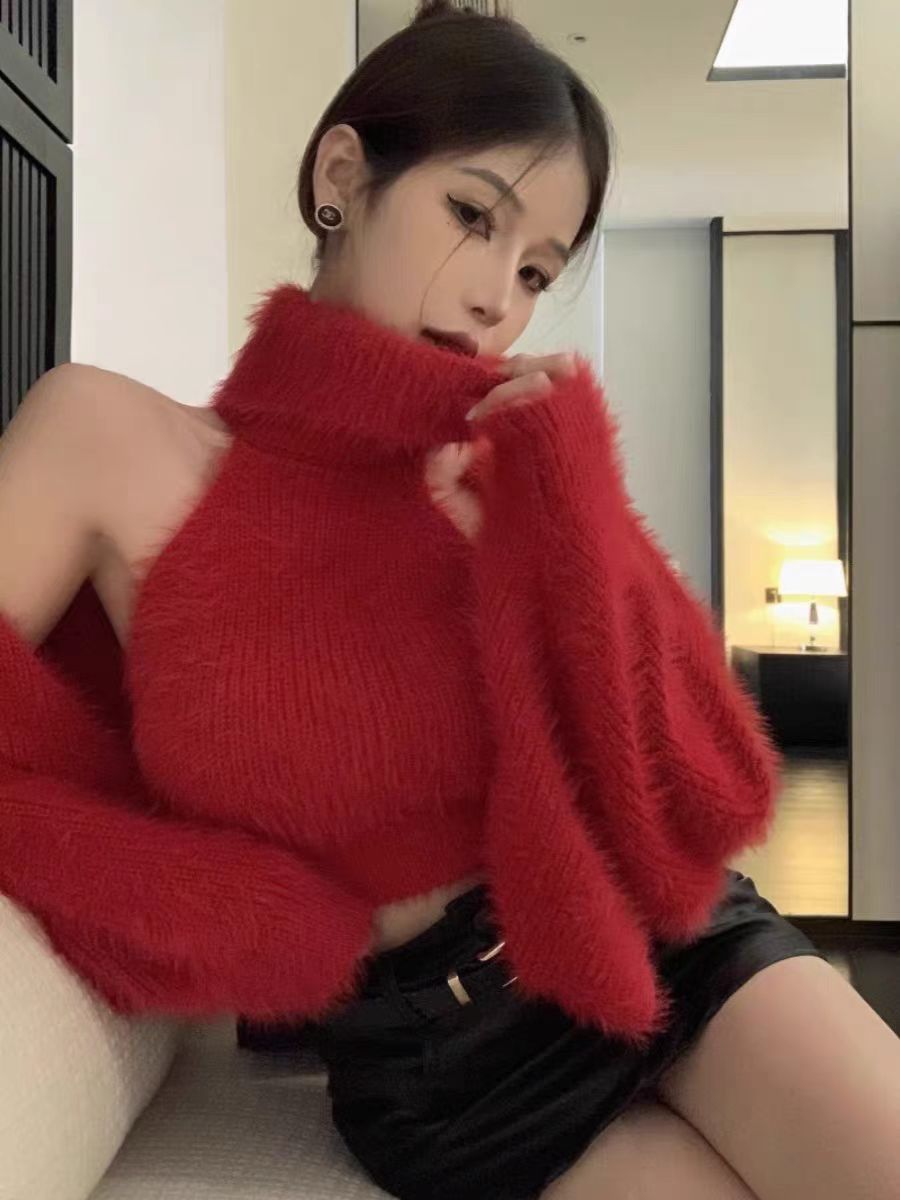 Mink Fur Halter Pure Sweet Hot Girl Sweater Vest Suit