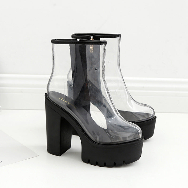 Transparent Film Waterproof Platform Thick Heel Color Matching High Heel Boots