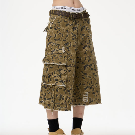 Retro Street Leopard Camouflage Workwear Denim Cropped Bukser