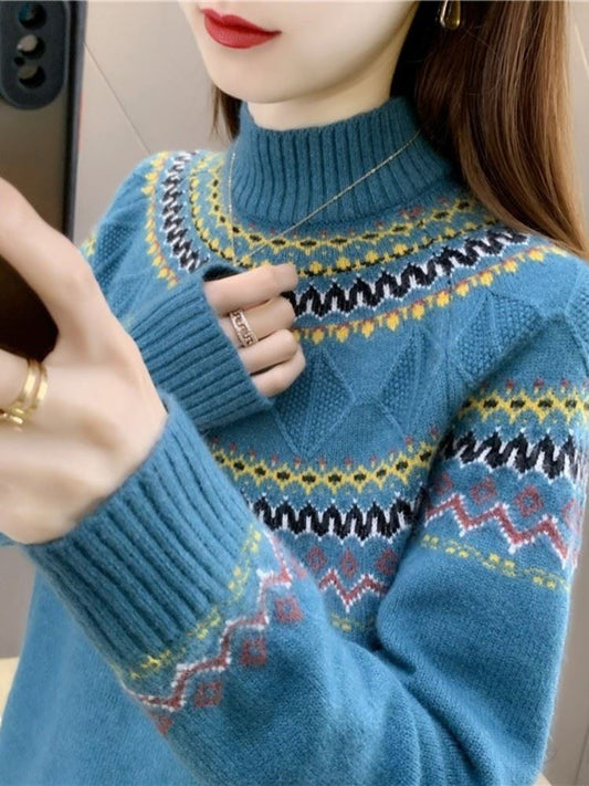 Autumn And Winter Blue Pullover Mock Neck Sweater Women's New Loose