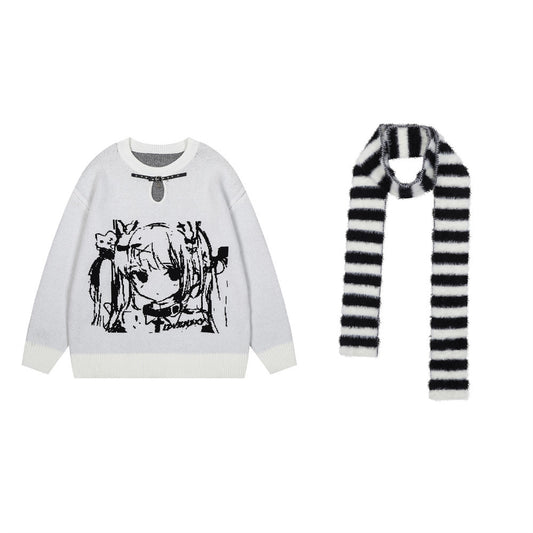 Anime Girl With Scarf Round Neck Sweater Men And Women Autumn And Winter Loose