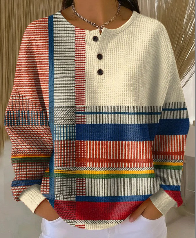 Retro 3D Digital Print Three-button Stand Collar Top
