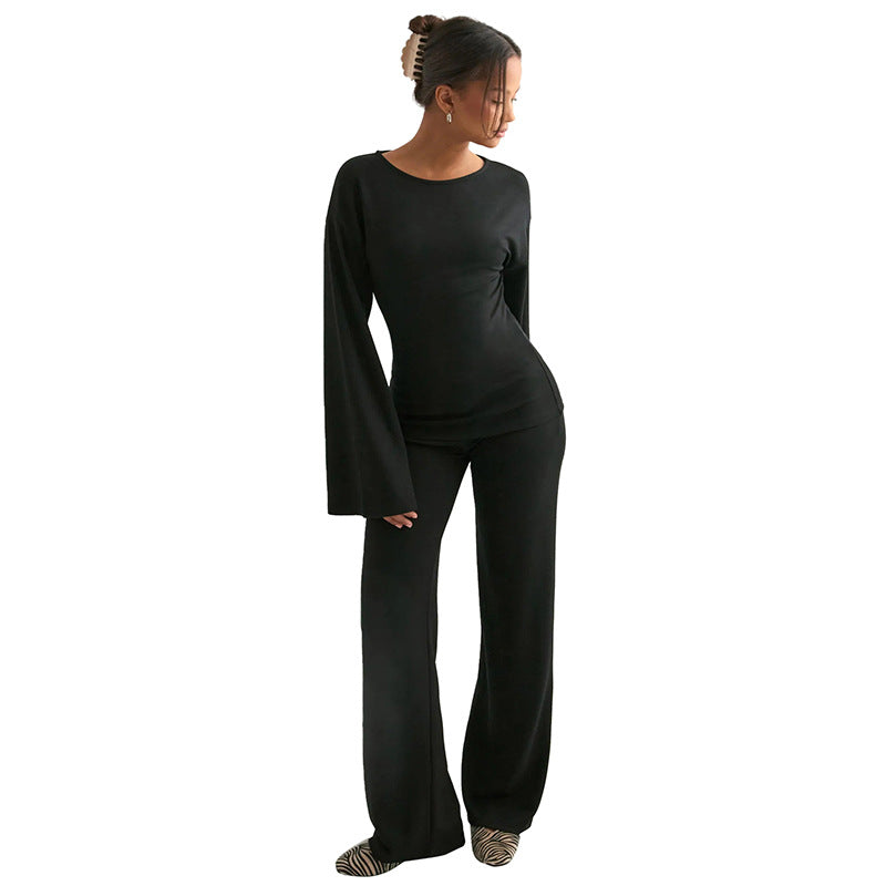 Women's Crew-neck Long-sleeve Straight-leg Pants Set