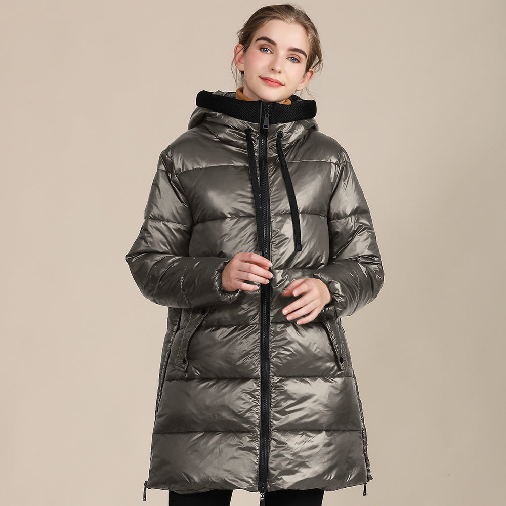 Dames Gewatteerde Nylon Glanzende Brood Hoodie Winterjas