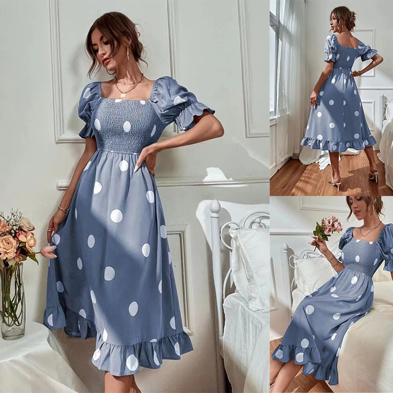 Big Round Dot Slim Fitting Sweet Ruffled Short Sleeved Dress