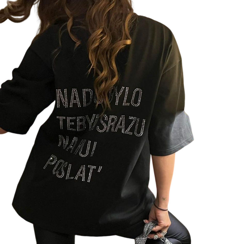 Rhinestone Letters White Short-sleeve Top Loose Ins Design Sense Niche European And American T-shirt