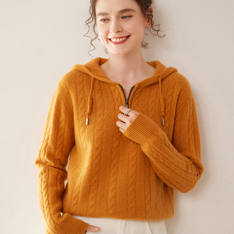 Cashmere Sweater Women's Hooded Twist Half-open Collar Sweater