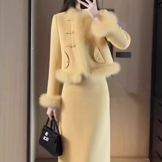 Yellow Wool Coat And Skirt Set Extra Thick