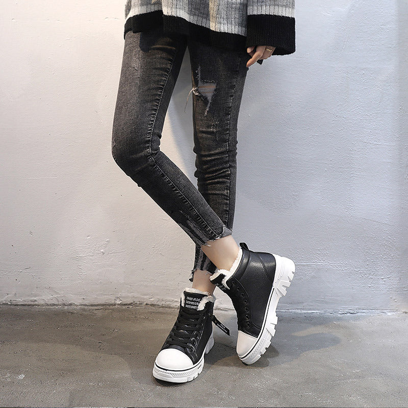 High-top Leather Martin Short Boots Plus Velvet White Cotton