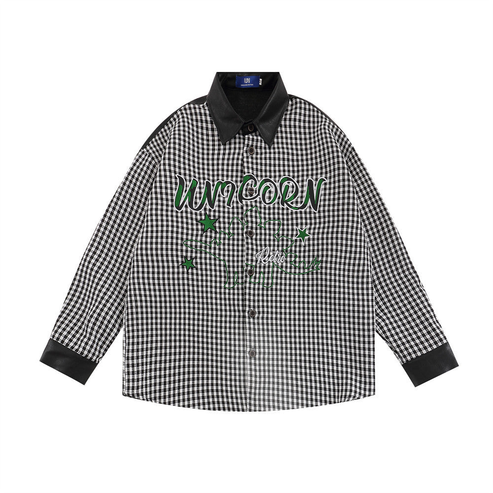 American Contrast Color Stitching Long-sleeved Shirt Men