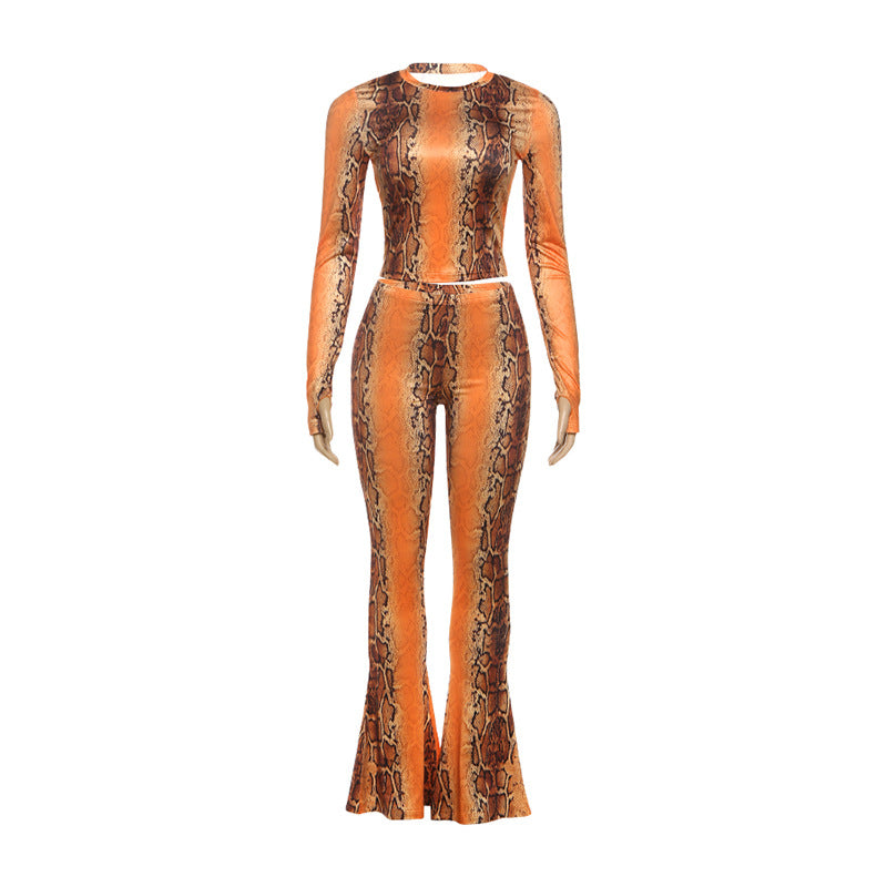 Crop Top Long Sleeve Top And High Waisted Flared Pants Printed Set