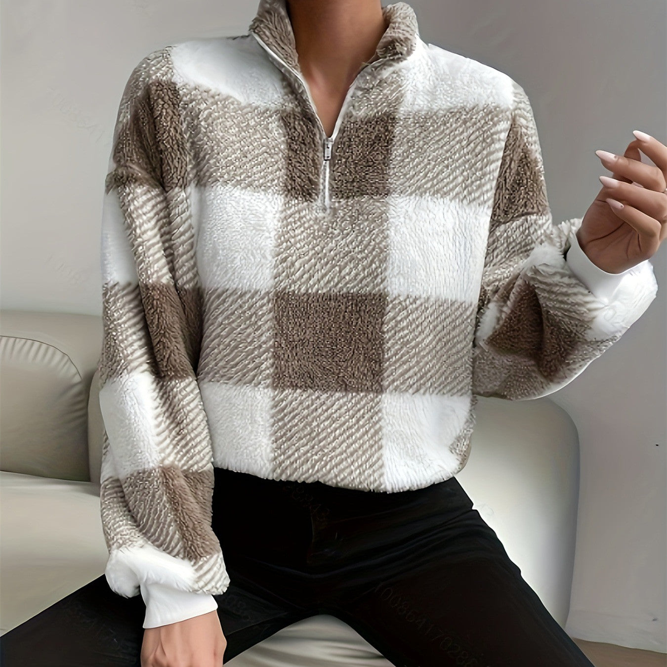 Dame Buffalo Plaid Off-shoulder Halv Lynlås Sweater