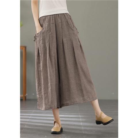 Retro Buckle Casual Thin Cotton And Linen Cropped Wide-leg Pants For Women