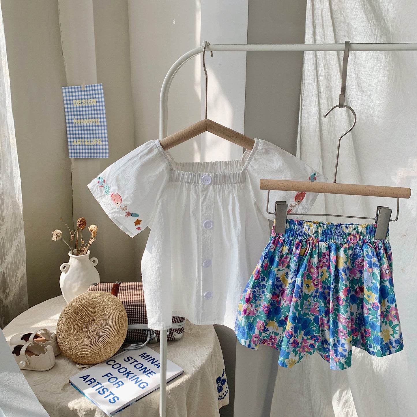 Børneblomstershorts knopskørtbukser moderigtige