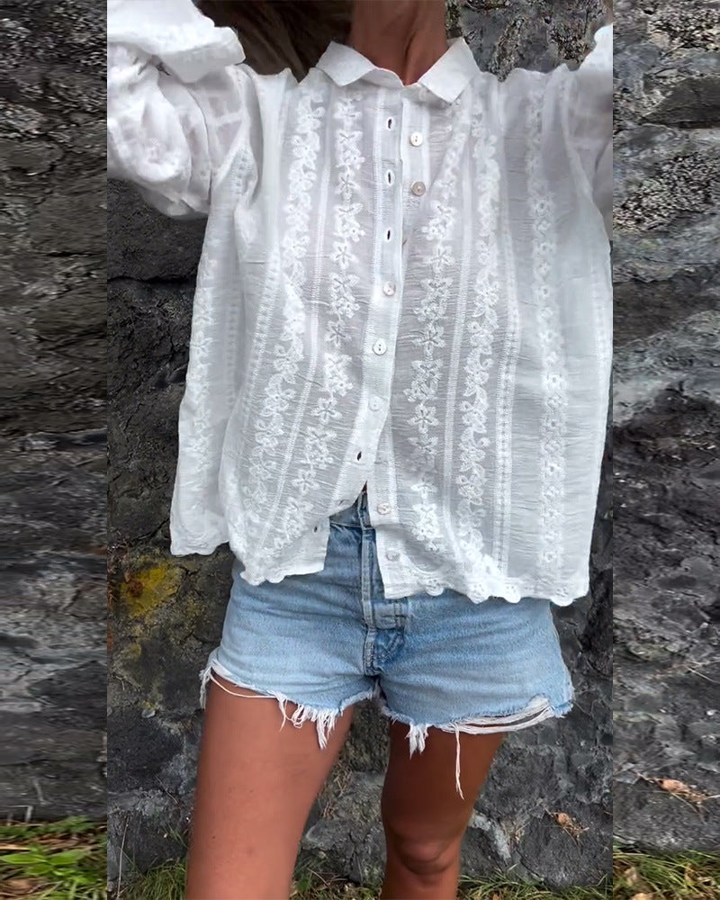 Color Embroidery Hollow Out Polo Collar Shirt Long Sleeve Button Cardigan Top