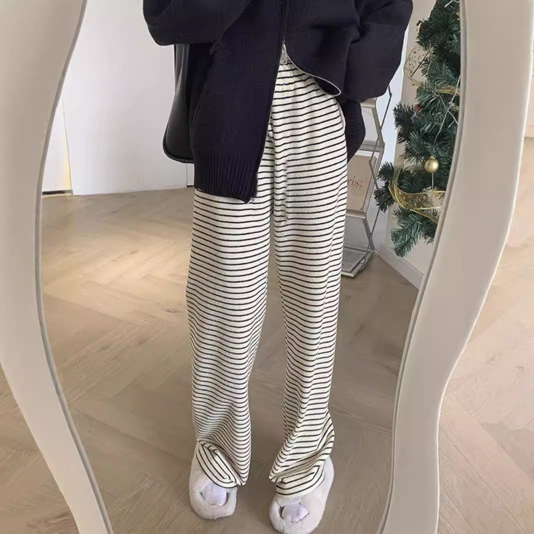 Wide-leg Pants Slimming Loose Horizontal Stripes Idle Style During Pregnancy