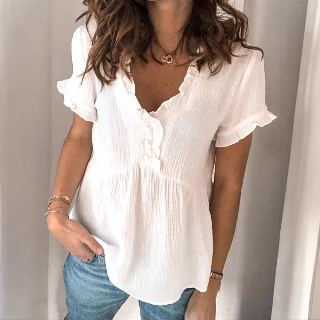 Women's Casual Loose Solid-color Patchwork Short-sleeve Shirt Top