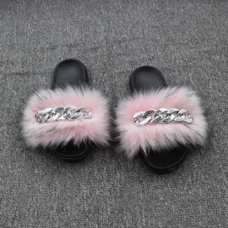 Fur Fur Slippers Chain Faux Fur Flip Flops