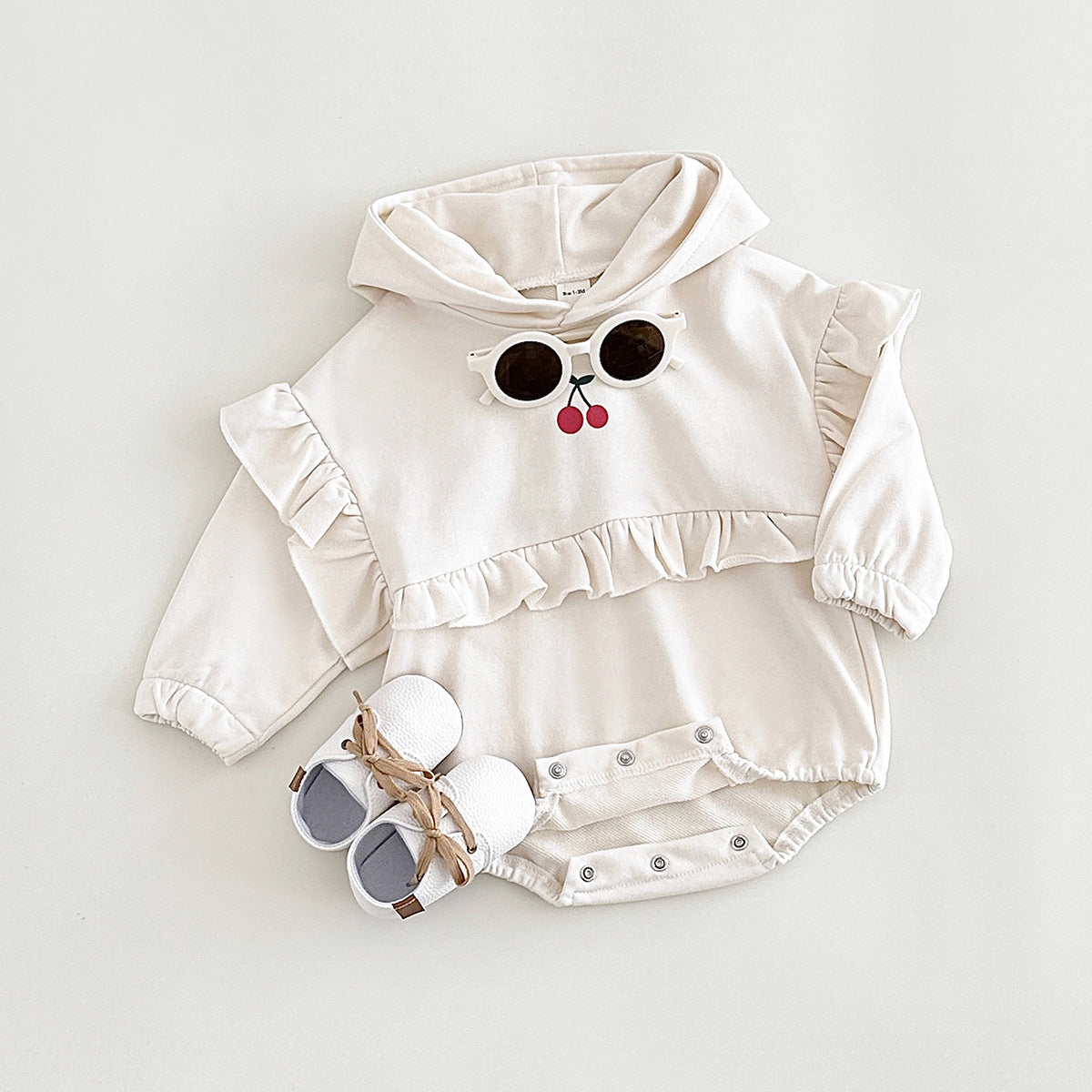 Baby Girl Sweet Cherry Embroidered Long Sleeve Hooded Crawling Suit Jumpsuit