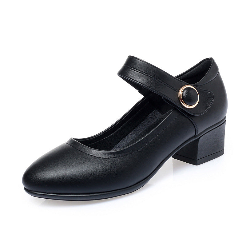 Shallow Mouth Flat Buckle Thick Heel Single Shoes Round Toe