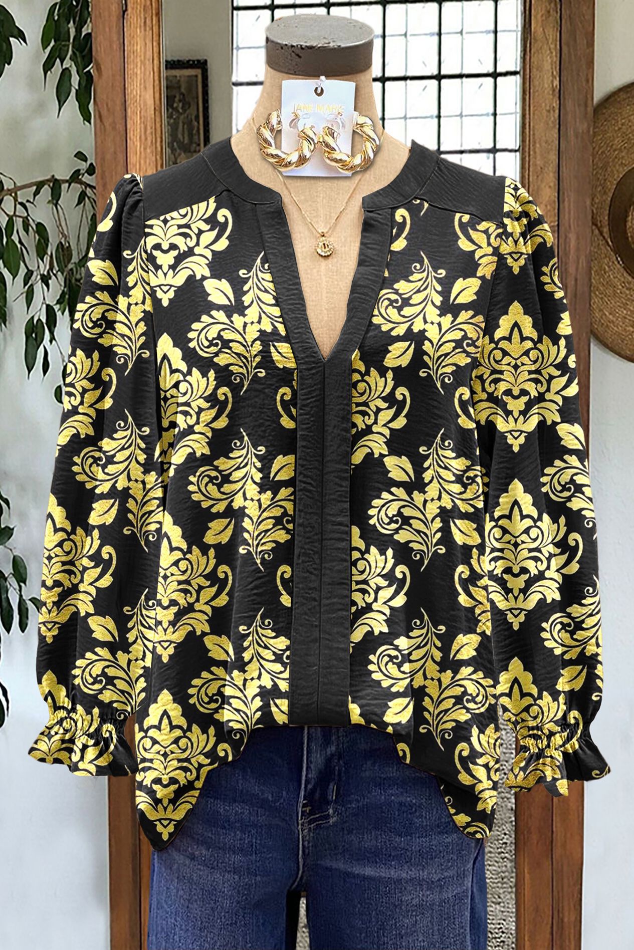 Women's Shirt Loose V-Neck Long Sleeve