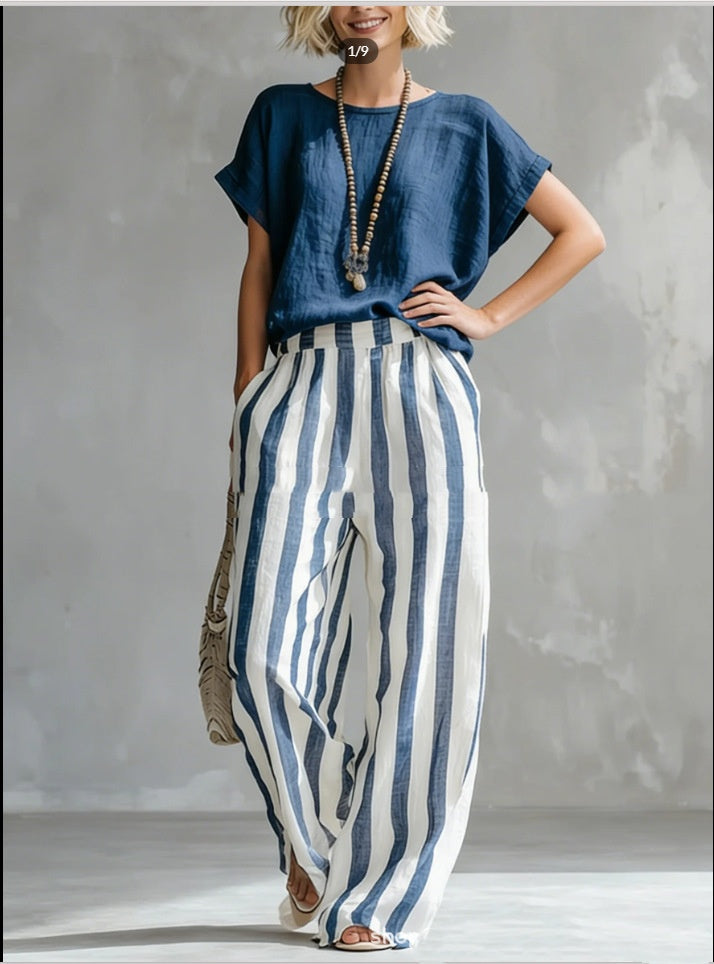 Women's Striped Cotton-Linen Two-Piece Set
