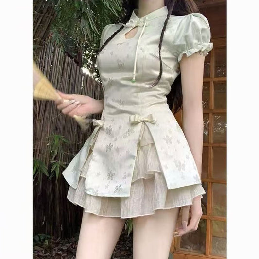 Buttoned-loop Puff-sleeve Skirt Two-piece Set