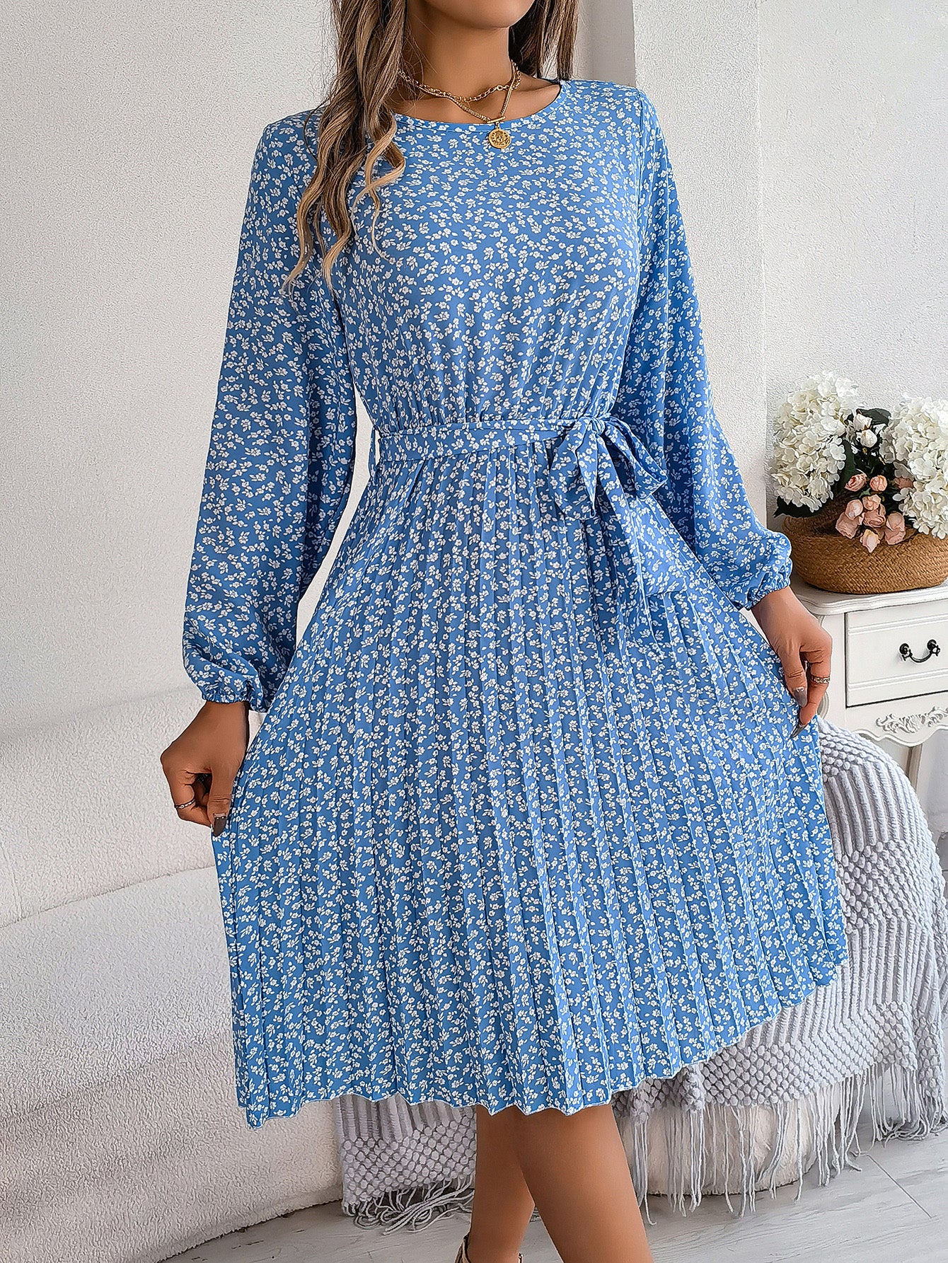 Women's Casual Long Sleeve Floral Flared Pleated Skirt