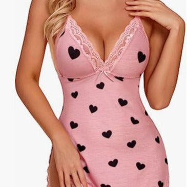 New V-neck Sweetheart-print Backless Split Slip Nightgown