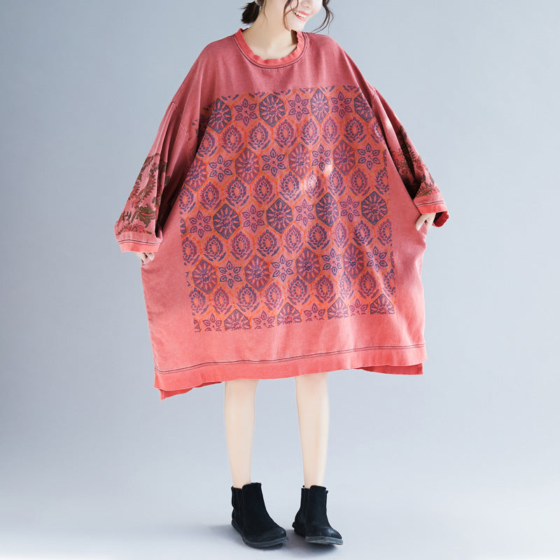 Printed Personality Plus Size Bat Sleeve Dress