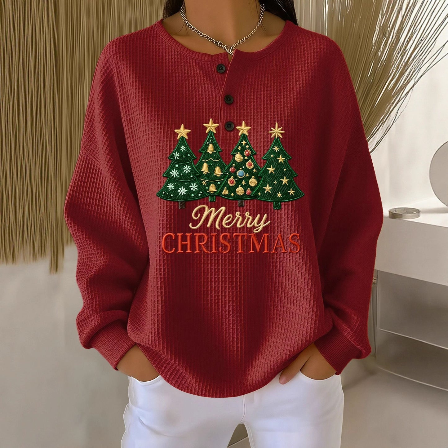 Retro 3D Digital-Print Three-Button Stand-Up Collar Sweater
