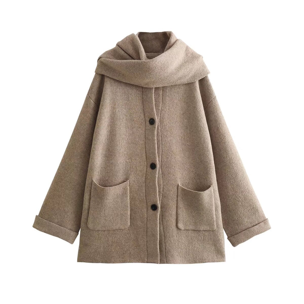 European And American 3-color Short Knitted Coat With Scarf