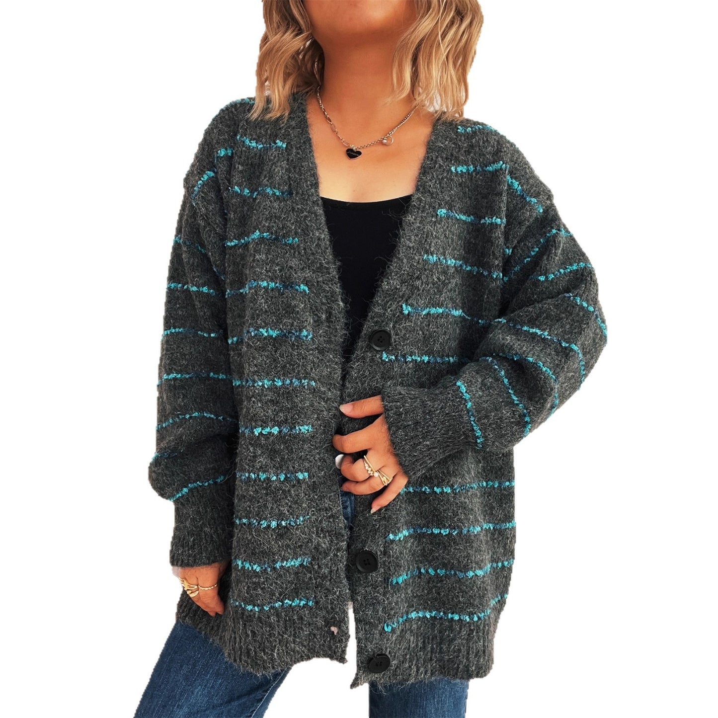 Retro Loose Striped Contrast Color Single-breasted Long Knitted Cardigan Sweater