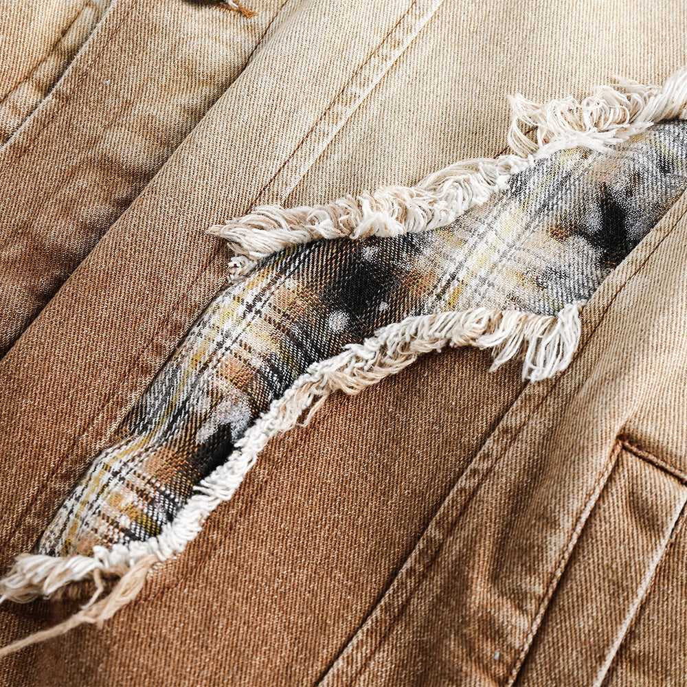 Tie-dye Ripped Wash Denim Coat Men's Punk