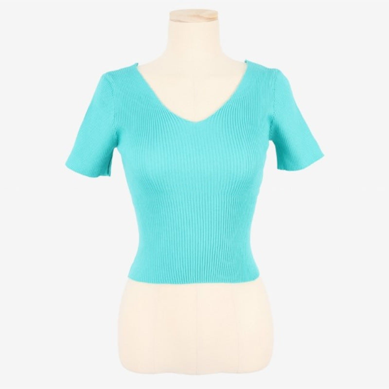 Women's Summer V-neck Bright Short Sweater Slim Fit Chest All-matching Short Sleeve T-shirt Top
