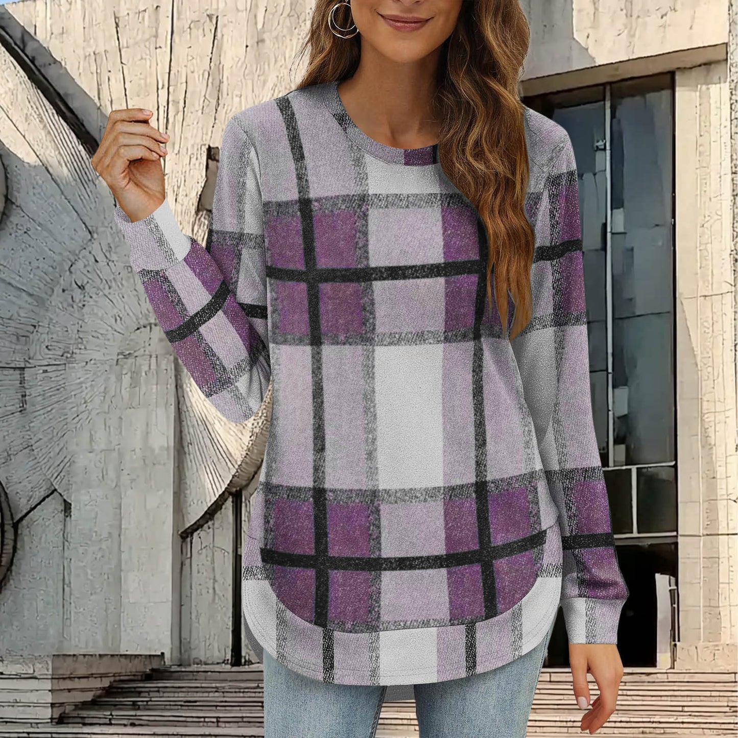 Women's Casual Loose Plaid Long Sleeve Round Neck Irregular Bottoming Shirt Top