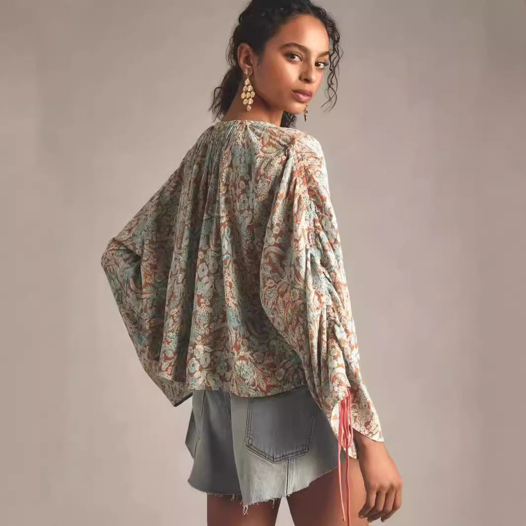 Women's Loose V-neck Pullover Casual Long Sleeve Floral Drawstring Top