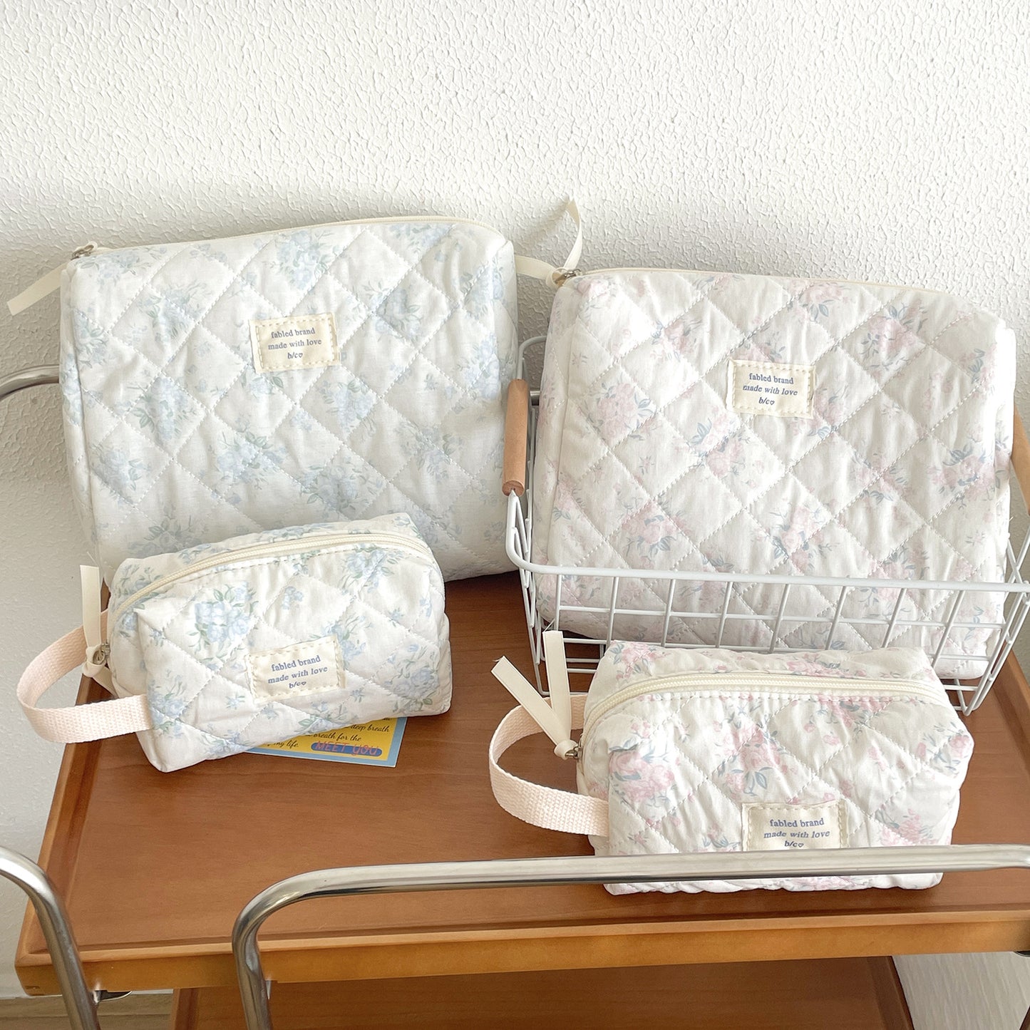 Navy Floral Clutch Cosmetic Bag Korean Style Cute Girl Heart Kitty Storage Bag Sewing Thread Cotton Bag