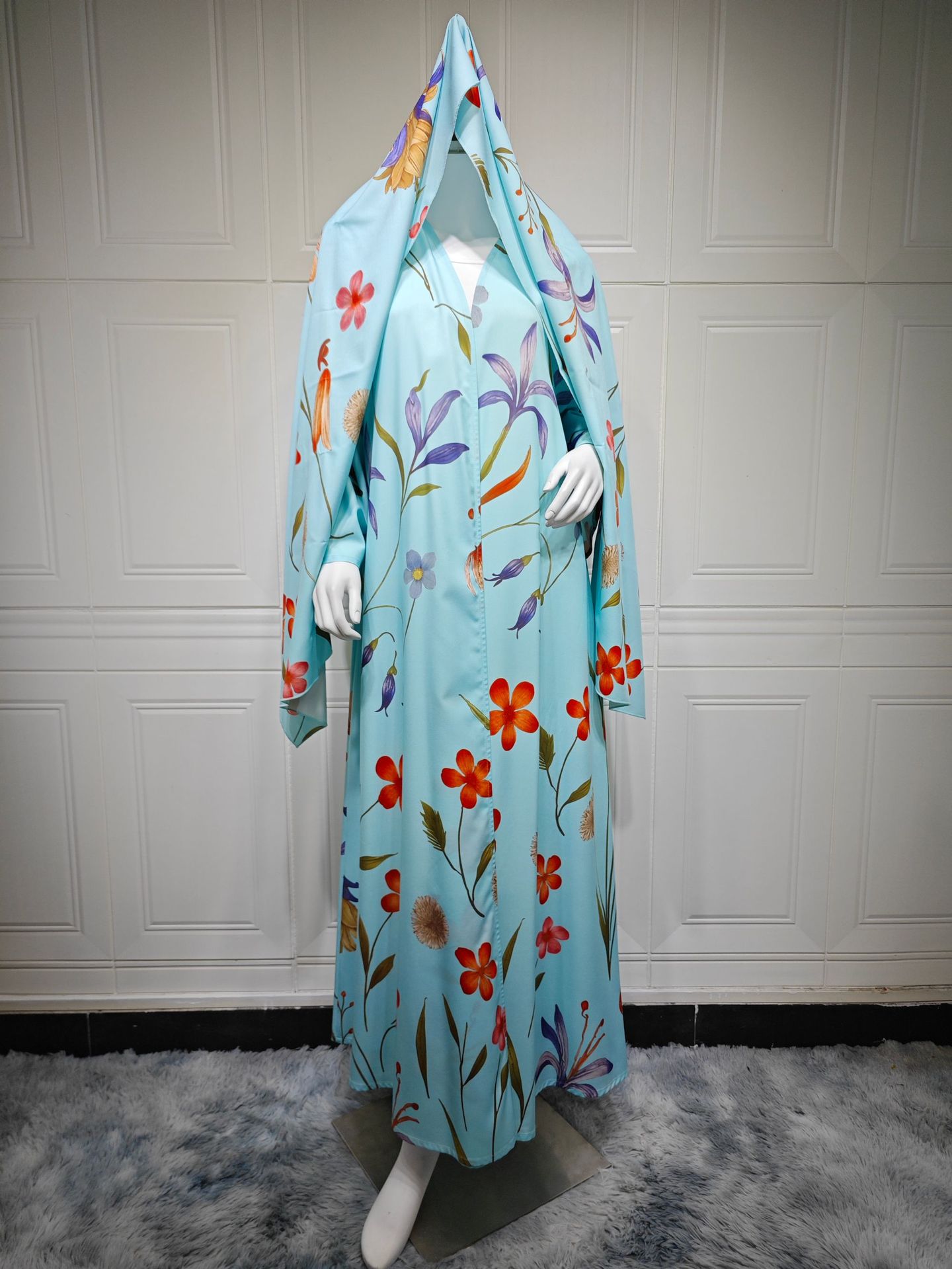 Womens Printed Two-Piece Set Long Robe With Hoodie Coat