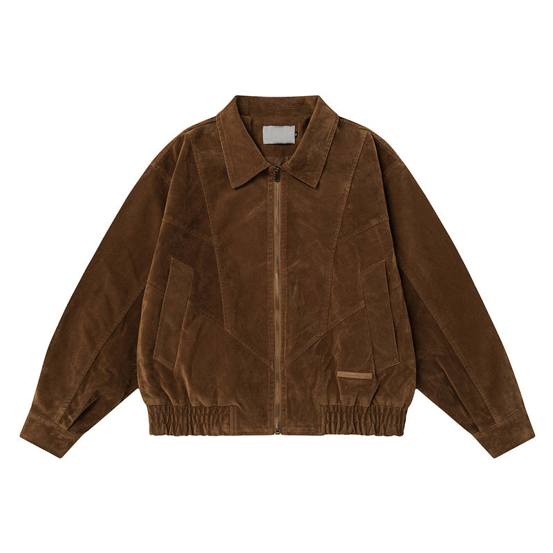 Retro Faux Suede Bomber Jacket With Zipper