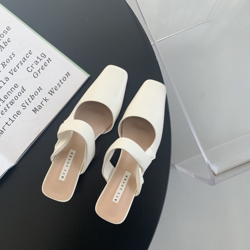 Fashion Closed Toe Half Slippers Chunky Heel