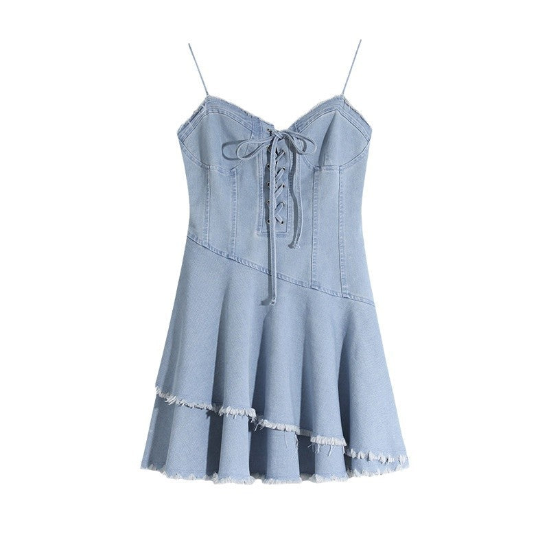 Elegant denimkjole til kvinder i fransk stil